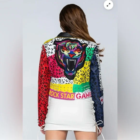AZALEA WANG Studded Moto Jacket, Wonka Colors Rock Star Game Moto Jacket Sz: XL - Picture 2 of 16